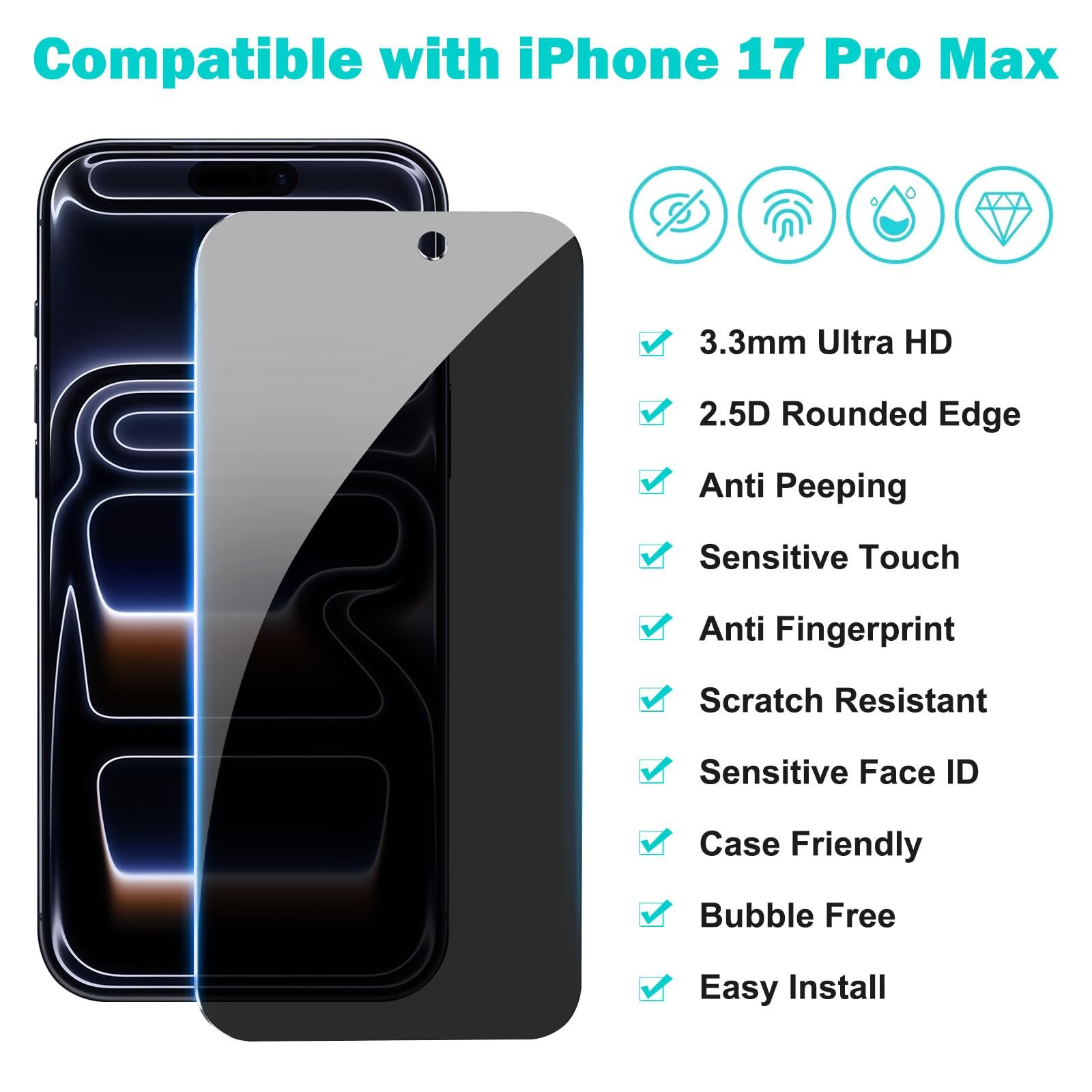 PEHAEL 3+3 Pack for iPhone 17 Pro Max Privacy Screen Protector with Camera Lens Protector Full Coverage Anti-Spy Tempered Glass Film 9H Hardness Ea... - Image 9