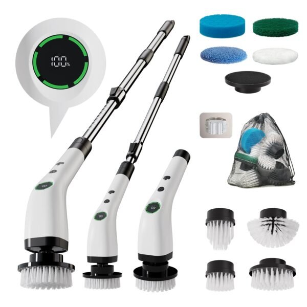 Electric Bathroom Cleaning Brush, Cordless Spin Scrubber Full Body Waterproof IPX7 with Adjustable Handle, 8 Replaceable Brush Heads for Bathtub/Ki…