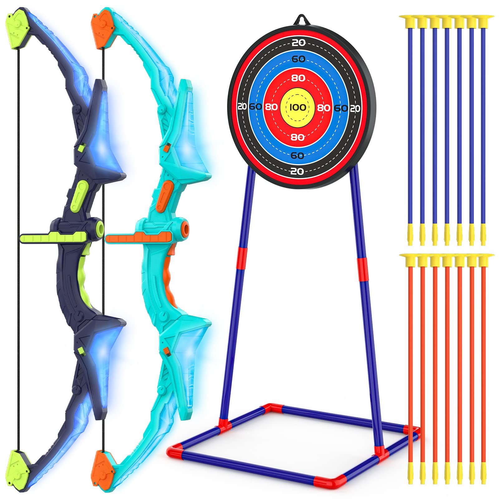 2 Pack Bow and Arrow Set for Kids, Light Up Archery Set with 14 Suction Cup Arrows, Archery Targets Outdoor Games for Kids Ages 4-8 8-12, Birthday …