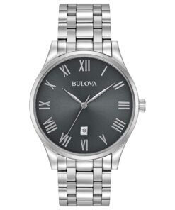 Bulova Men's Classic Stainless Steel 3-Hand Date Calendar Quartz Watch, Grey Dial with Roman Numeral Markers Style: 96B261