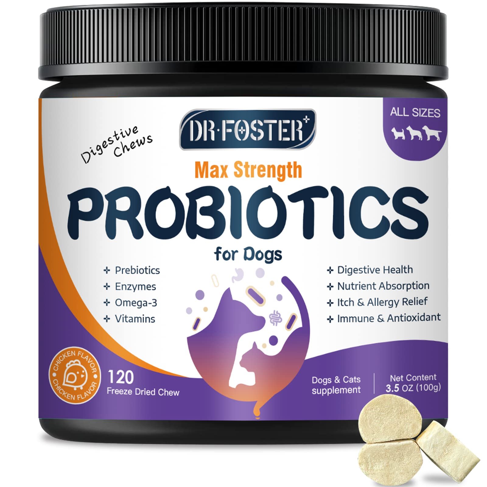 Probiotics for Dogs, Freeze-Dried Dog Probiotics and Digestive Enzymes, Plus Omega-3 for Itchy Skin, 3-in-1 Prebiotics for Digestive Health, Dog Vi…