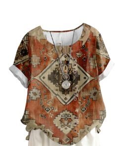 MARSVOVO Flower Blouse for Women Decorative Buttons Vintage Short Sleeve U Neck Oversize Loose Boho Top Women