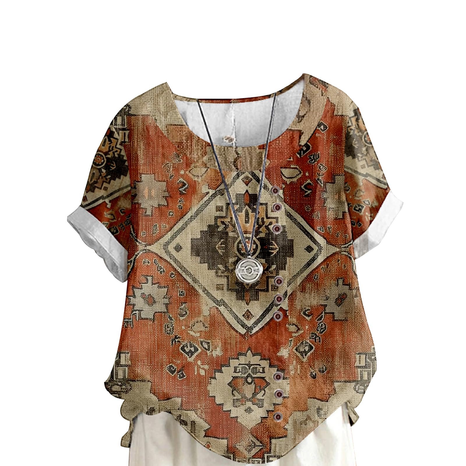 MARSVOVO Flower Blouse for Women Decorative Buttons Vintage Short Sleeve U Neck Oversize Loose Boho Top Women