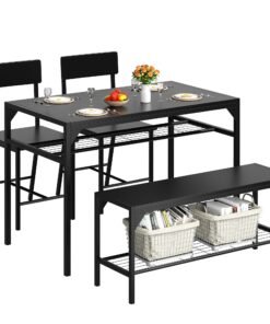 Shintenchi Kitchen Table Chairs Set of 4, Dining Table Set for 4 with Bench and Chairs, 4 Pieces Kitchen Table Set with Storage Rack & Metal Frame ...