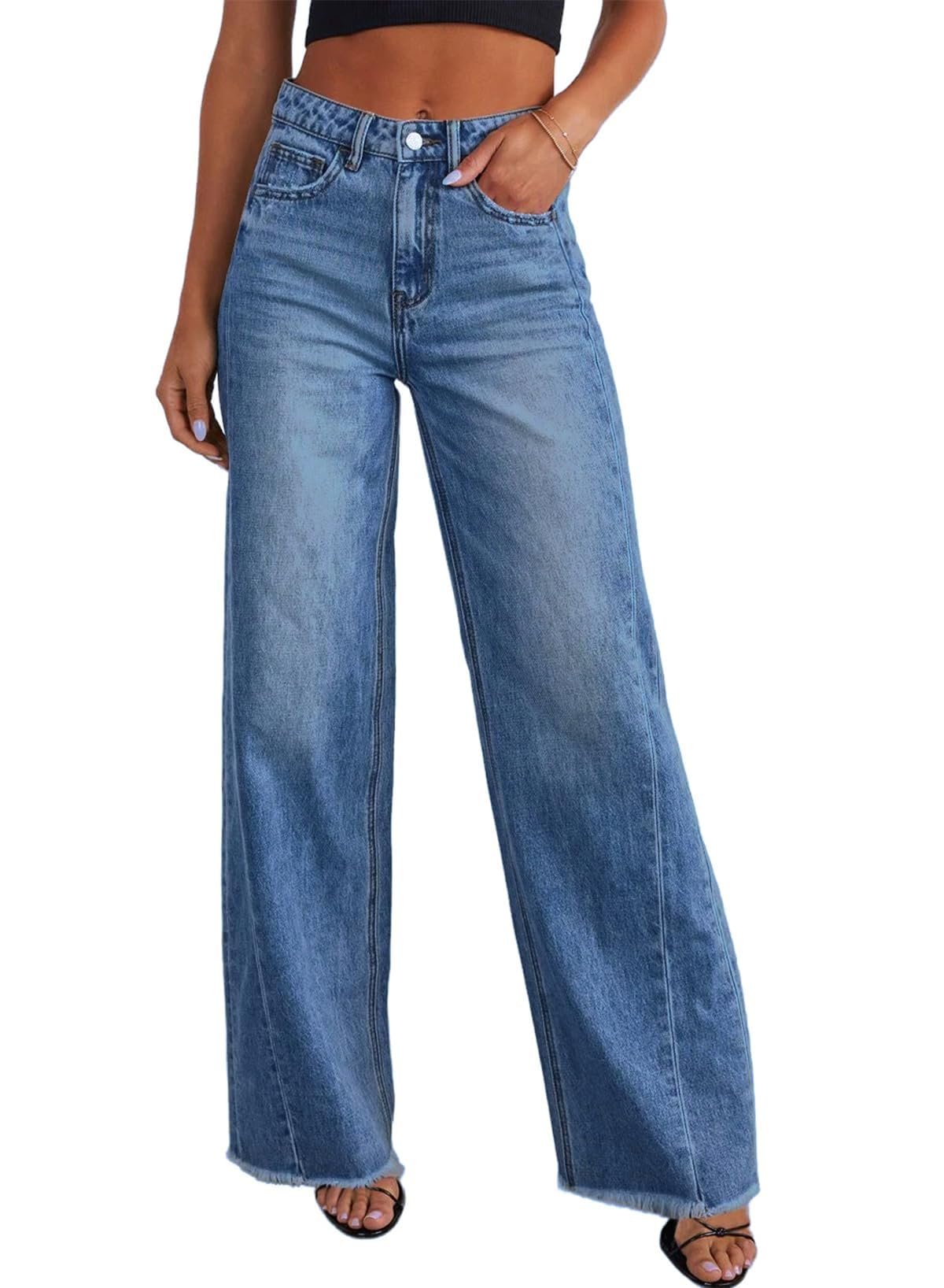 Sidefeel Women’s Wide Leg Jeans High Waisted Stretchy Raw Hem Zimbaplatinum Denim Pants