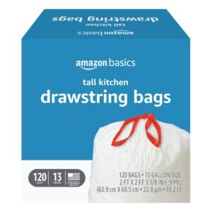 Amazon Basics Tall Kitchen Drawstring Trash Bags, Sturdy and Tear Resistant, 13 Gallon, Unscented, 120 Count