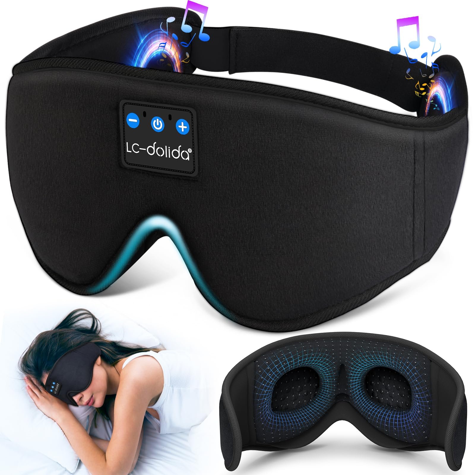 LC-dolida Sleep Headphones, 3D Sleep Mask Bluetooth Wireless Music Eye Mask, Sleeping Headphones for Side Sleepers Sleep Mask with Bluetooth Headph…