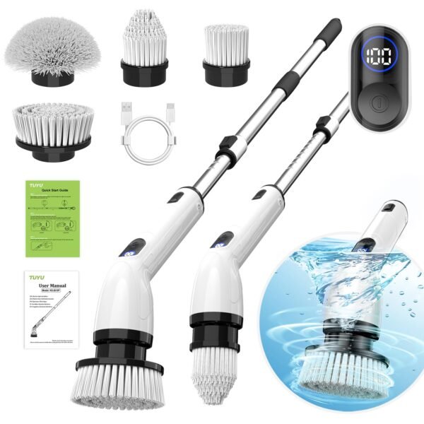 TUYU Electric Spin Scrubber, Full-Body IPX7 Waterproof Bathroom Scrubber with Power LCD Display, Adjustable Extension Handle, Cordless Shower Clean…