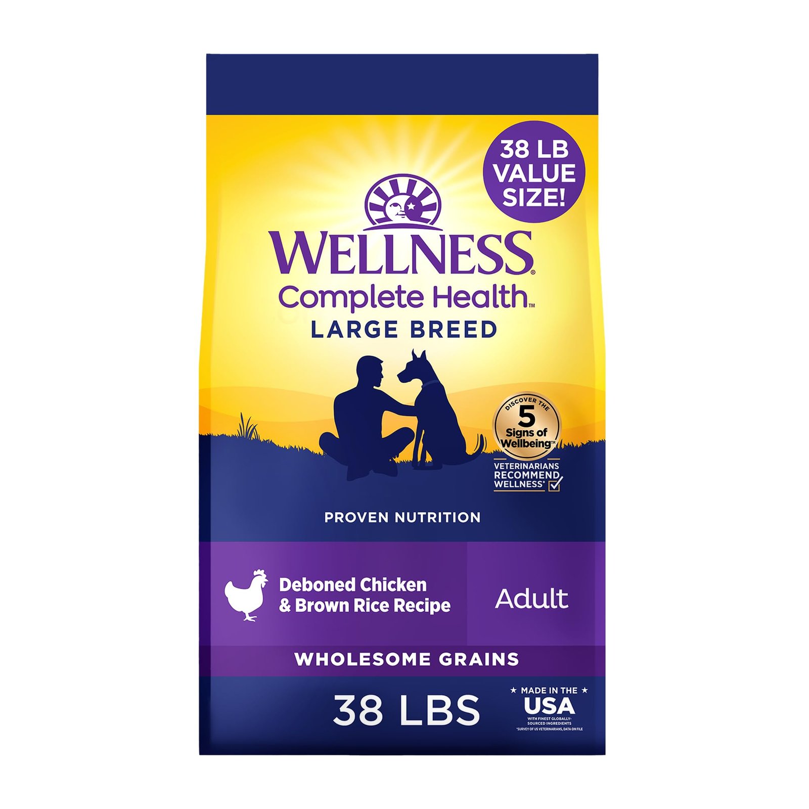 Wellness Complete Health Dry Dog Food, Large Breed, Wholesome Grains, Chicken & Brown Rice Recipe, (38-Pound Bag)