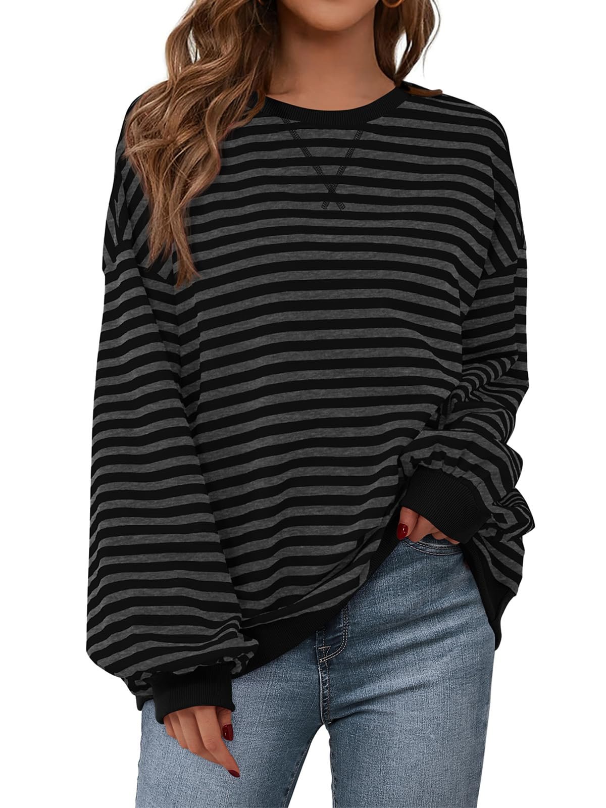 PRETTYGARDEN Womens Striped Oversized Sweatshirt Color Block Crew Neck Long Sleeve Casual Loose Pullover Top Y2K Clothes