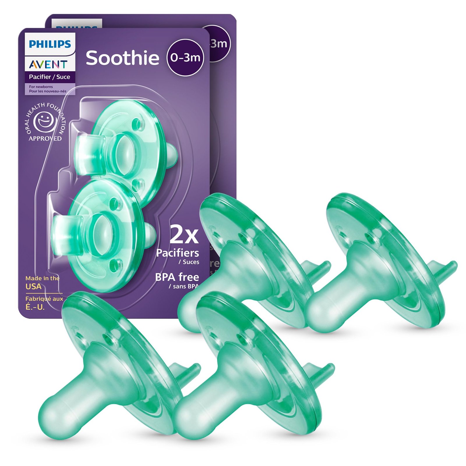 Philips Avent Soothie Baby Pacifiers – 100% Silicone Pacifiers for Babies 0-3 Months, One-Piece Design, BPA-Free, Extra Durable, Green, 4 Pack, Mod…
