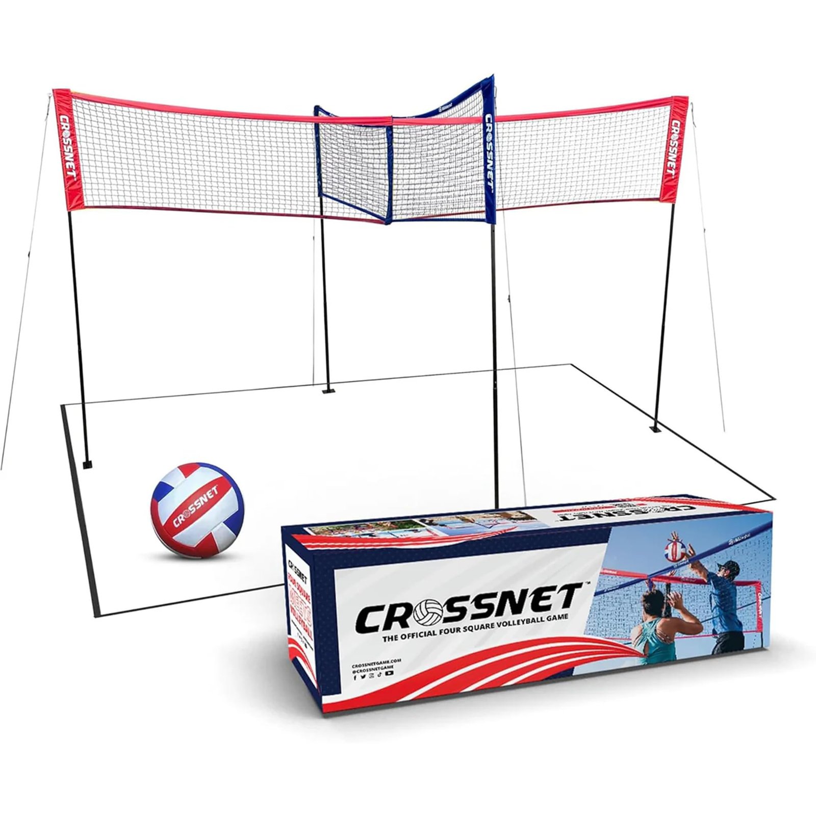 CROSSNET Quick Assemble 4 Square Volleyball Game Set for Adults and Kids with Volleyball Net, Backpack and Ball for Outdoor Games