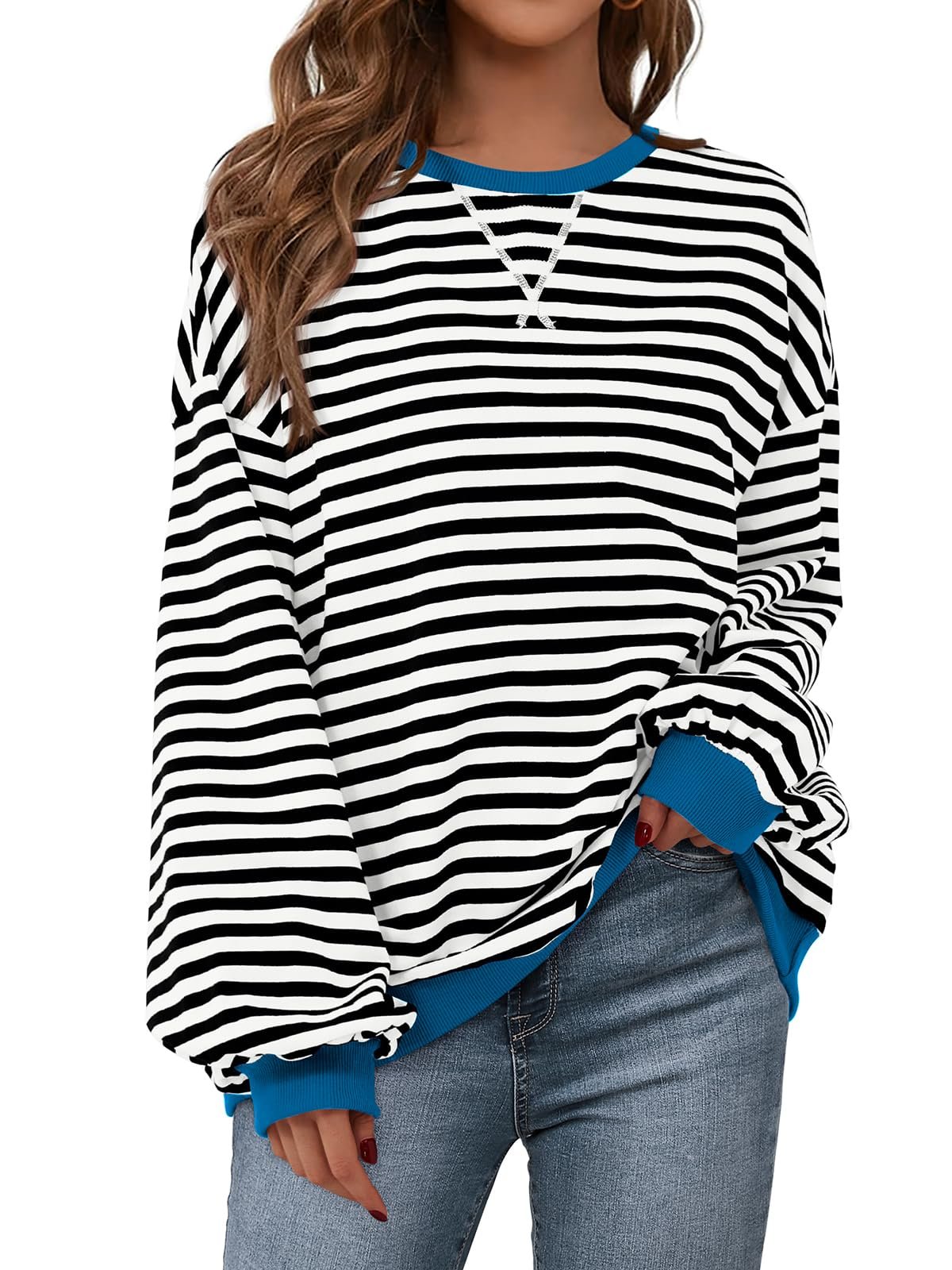 PRETTYGARDEN Womens Striped Oversized Sweatshirt Color Block Crew Neck Long Sleeve Casual Loose Pullover Top Y2K Clothes