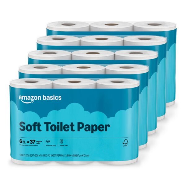 Amazon Basics 2-Ply Soft Toilet Paper, 30 Rolls , 350 Sheets per Roll, Septic Safe, Equivalent to 185 Regular Rolls
