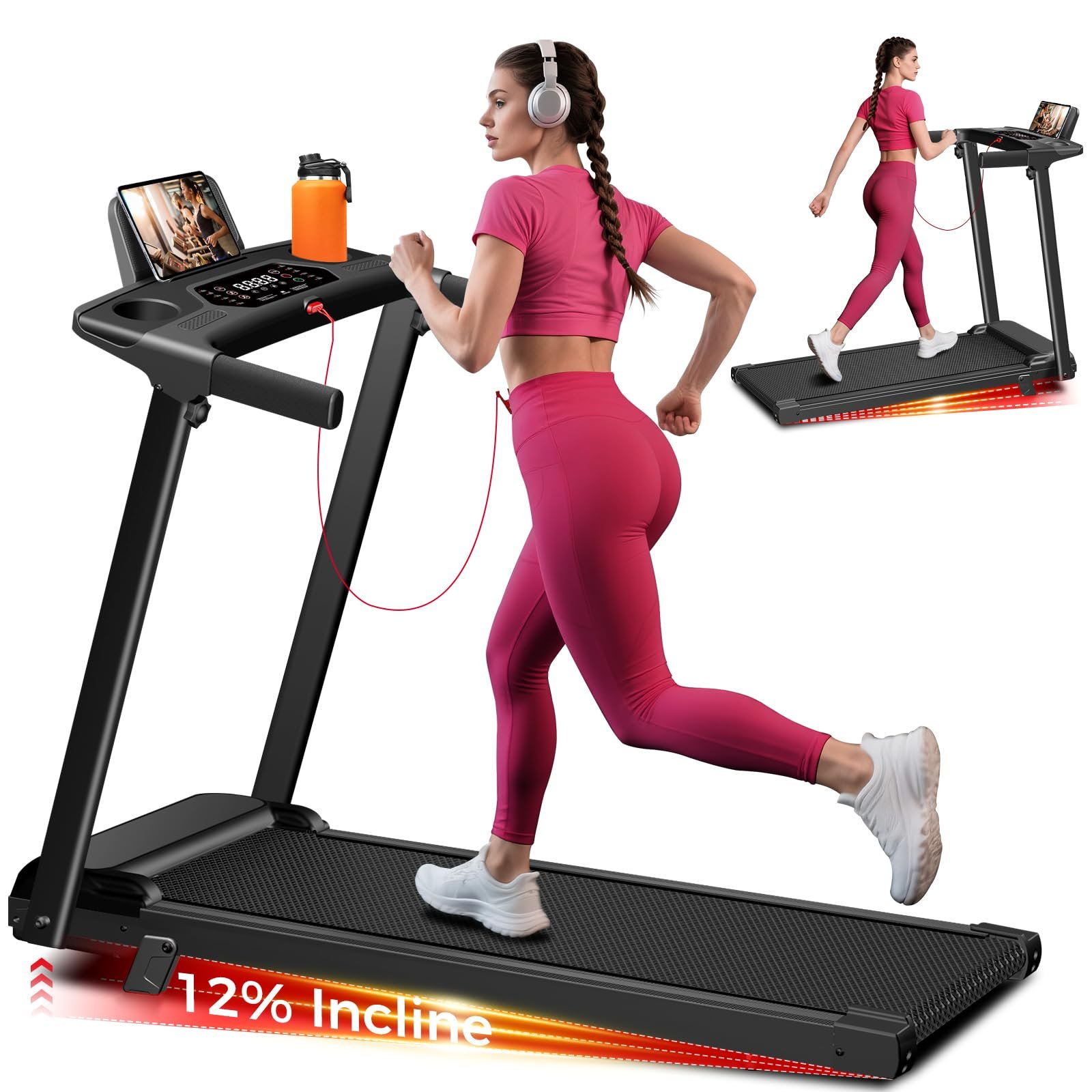 Treadmill with Incline,3.0HP Small Treadmills for Home,Portable Electric Treadmill with Handles,Lightweight Walking Pad,Compact Running Treadmills,…