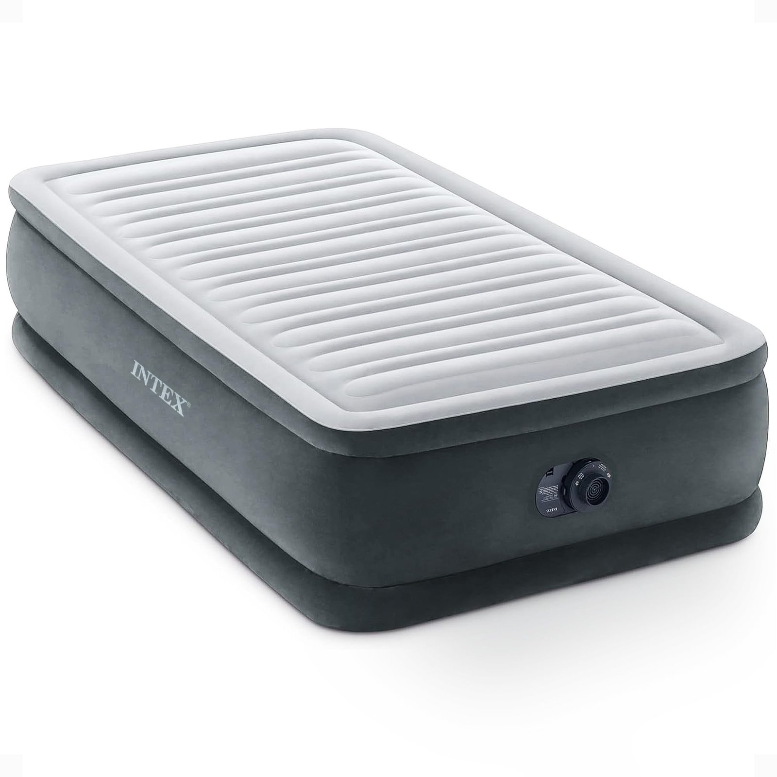 Intex 67765ED Dura-Beam Deluxe Comfort-Plush Mid-Rise Air Mattress : Fiber-Tech – Twin Size – Built-in Electric Pump – 13in Bed Height – 300lb Weig…