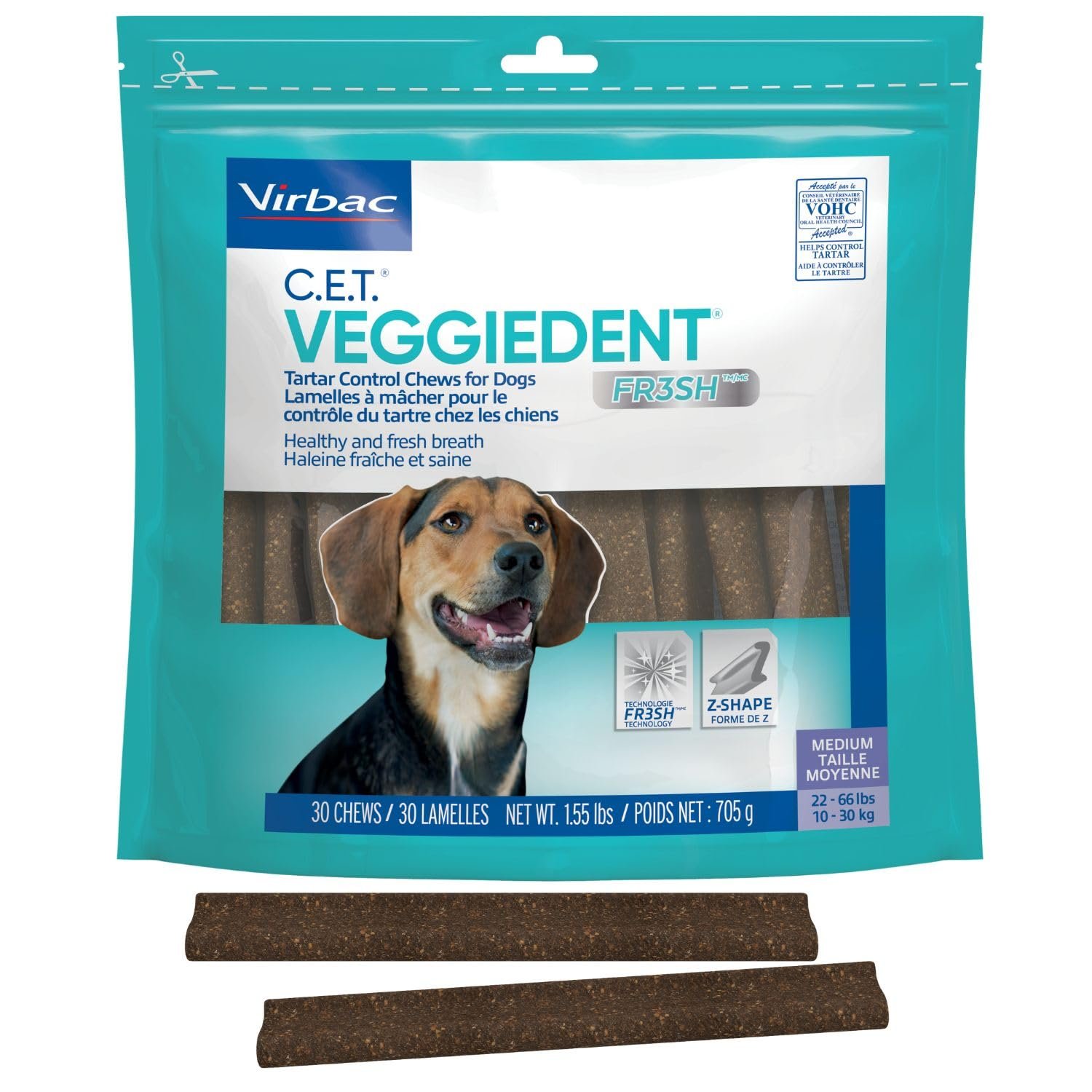 Virbac C.E.T.® VEGGIEDENT® FR3SH® Tartar Control Chews for Dogs with digestive health support, VOHC Approved, Medium 22-66lbs