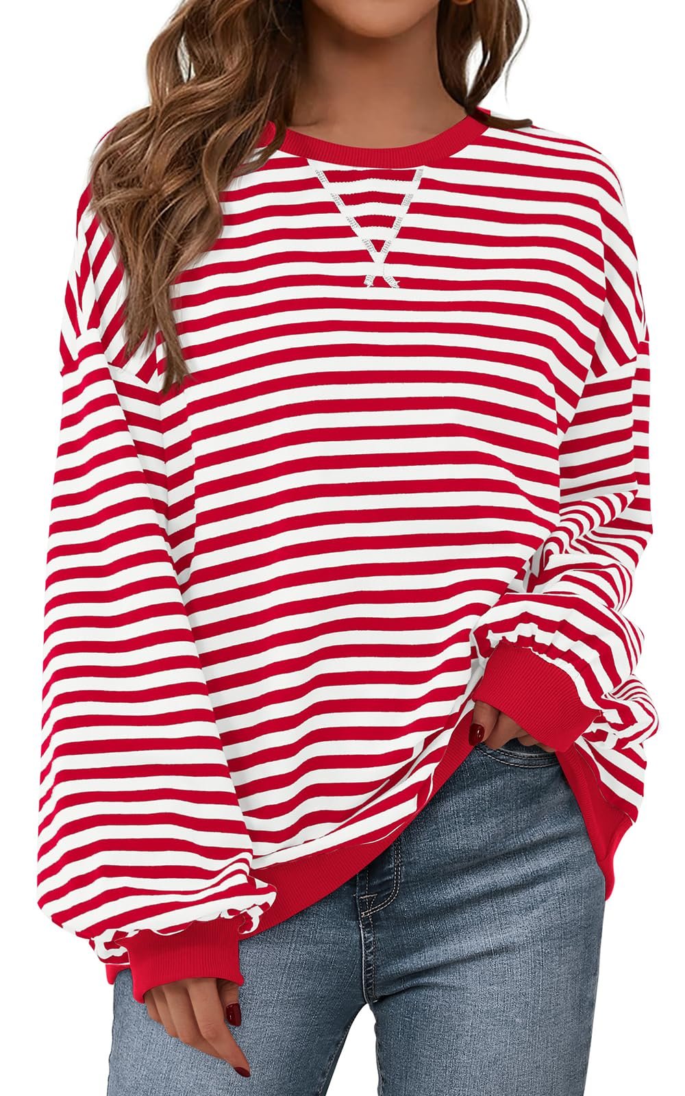 PRETTYGARDEN Womens Striped Oversized Sweatshirt Color Block Crew Neck Long Sleeve Casual Loose Pullover Top Y2K Clothes