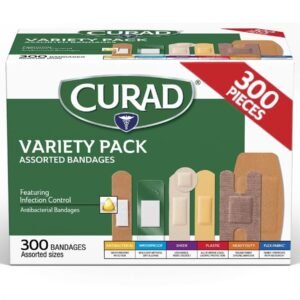 CURAD Assorted Bandages Variety Pack, 300 Count, 6 Styles Including Antibacterial, Waterproof, Sheer, Plastic, Heavy Duty & Flex-Fabric, Protects S…