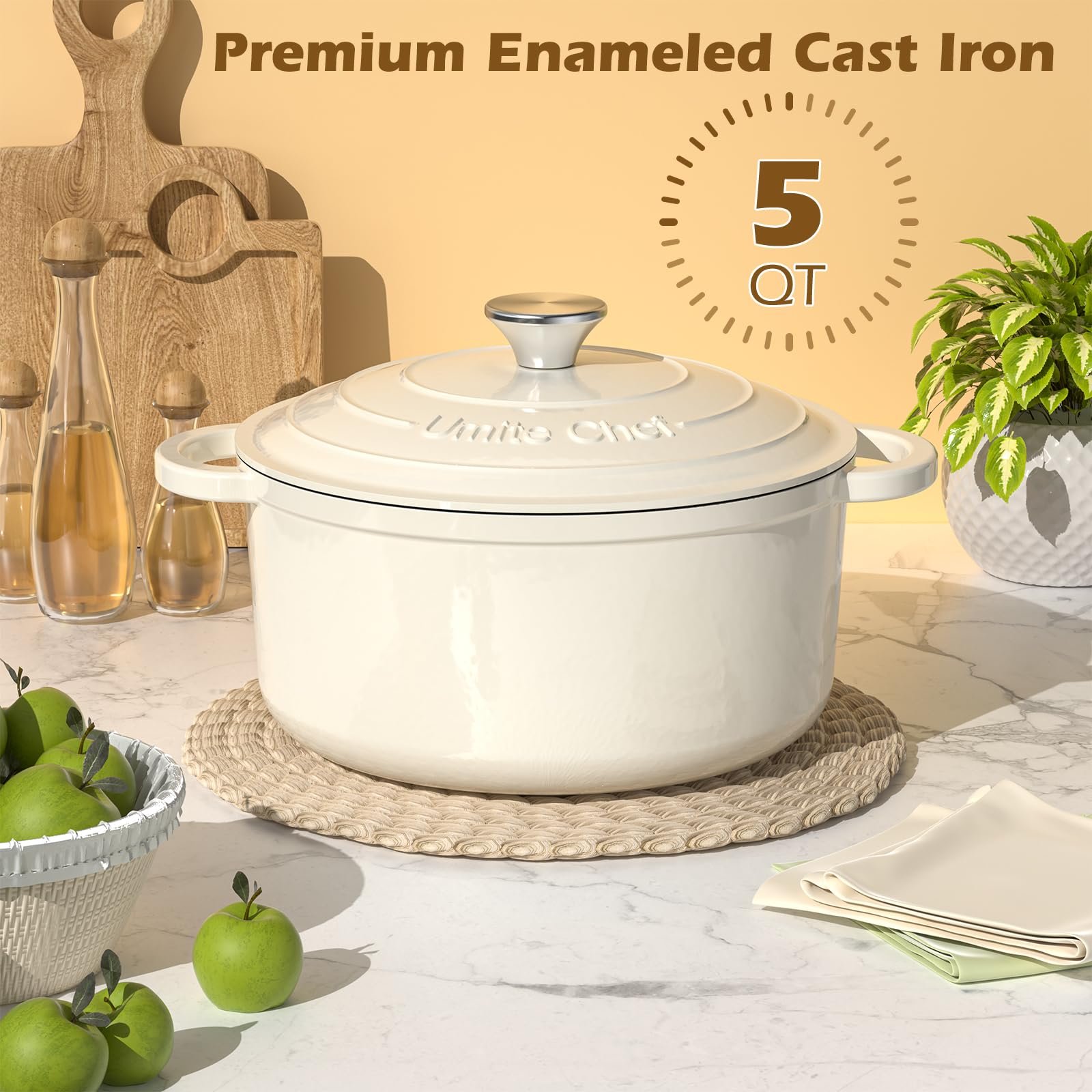 Enameled Cast Iron Dutch Oven - Umite Chef 5QT Pot with Lid & Cotton Potholders - Heavy-Duty Cookware for Bread Baking, Braising, Stews, Roasting(C... - Image 9