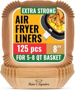 Air Fryer Paper Liners, 125Pcs Air Fryer Disposable Liners, Non-Stick and Oil Proof for Easy Cleanup, 8” Square for 5-8 qt Basket by Baker's Signature