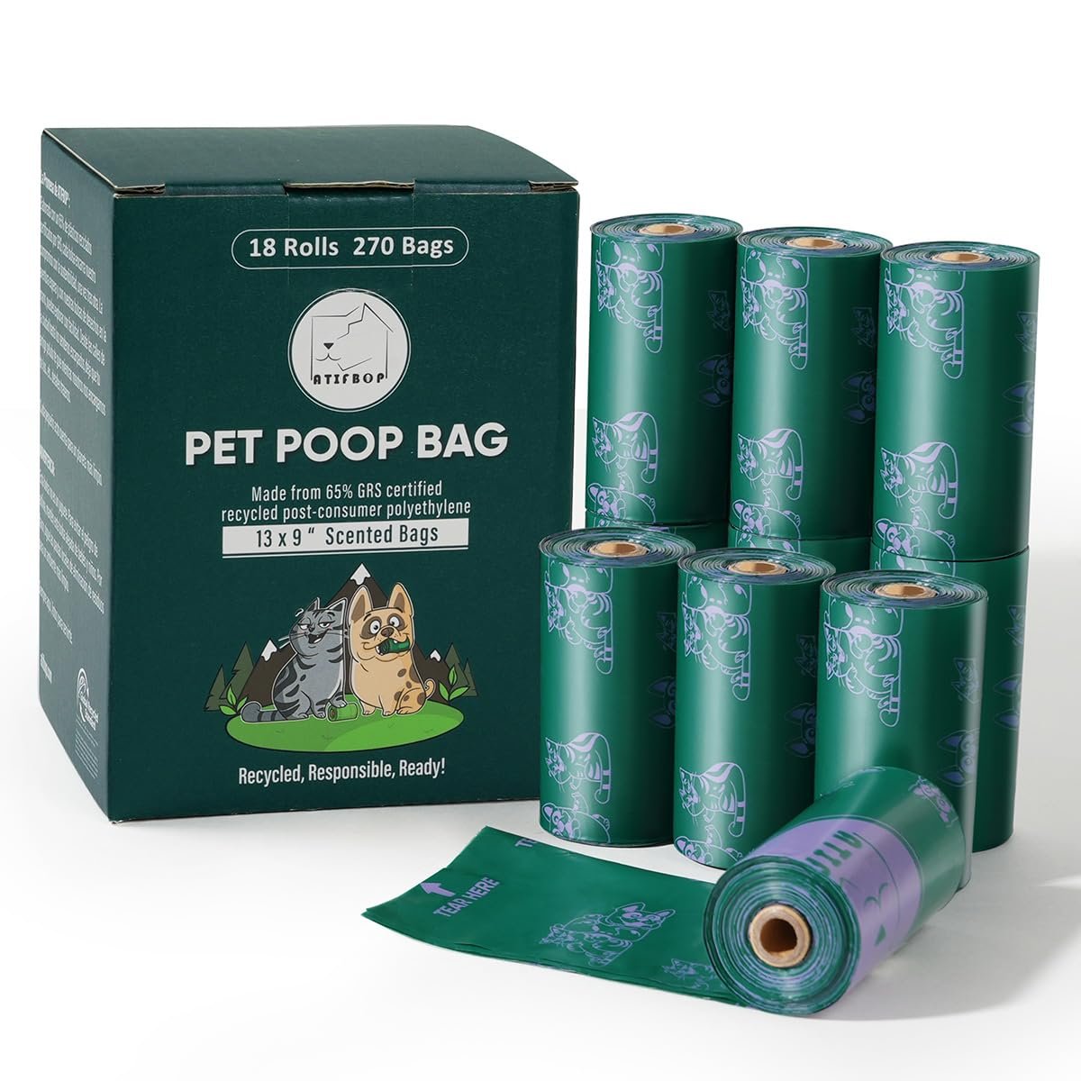 ATIFBOP Dog Poop Bags Rolls, Extra Thick and Leak-proof Poop Bag for Dogs, 270 Bags 18 Refill Rolls, Scented Waste Bag for Dog and Cat, Made form 6…