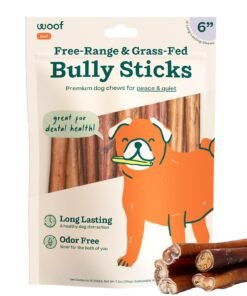 WOOF Bully Sticks Dog Treats - Chew Sticks for Dogs - Long-Lasting Dog Chew Treats - Made with Free-Range, Grass-Fed Beef - 6" Sticks - 10pk