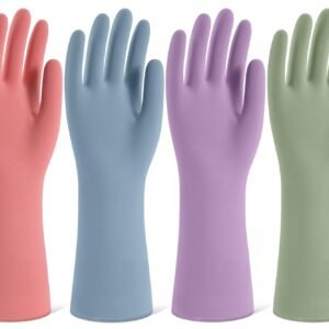Rubber Cleaning Gloves for Dishwashing, 4 Pairs Reusable Kitchen Gloves for Washing Dishes and Household Cleaning, Colorful Dish Gloves with Flocke…