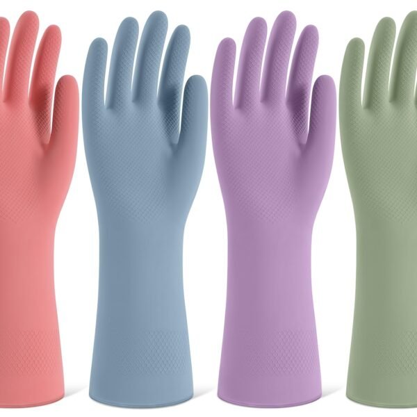 Rubber Cleaning Gloves for Dishwashing, 4 Pairs Reusable Kitchen Gloves for Washing Dishes and Household Cleaning, Colorful Dish Gloves with Flocke…