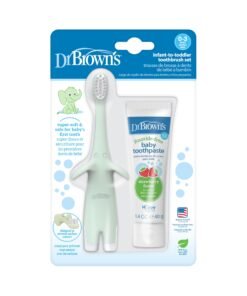 Dr. Brown’s Infant-to-Toddler Training Toothbrush Set, Mint Elephant with Fluoride-Free Strawberry Baby Toothpaste, 0-3 years