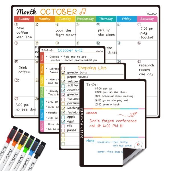 Magnetic Dry Erase Monthly Calendar Set – 14.5″x11″ Monthly Calendar, 6.5″x8.5″ Weekly, Daily, List Boards for Fridge – 6 Extra Fine Point Markers …