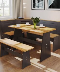 Breakfast Nook Table Set - Corner Kitchen Dining Table Set for 4-6 People, Solid Pine Wood Modern Farmhouse Dining Room Set with L-Shaped Bench, Sp...