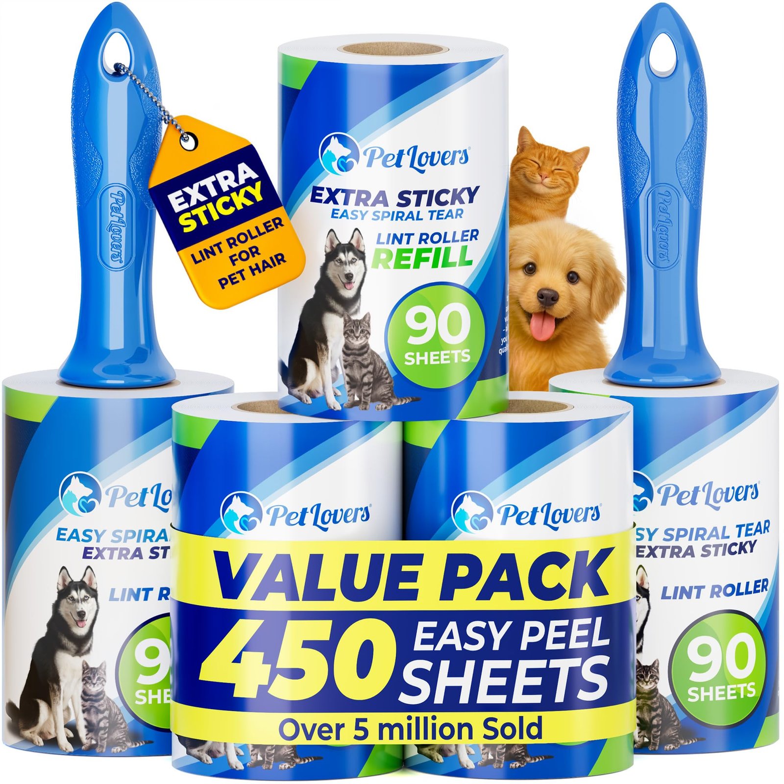 PetLovers Extra Sticky Lint Roller Mega Value Set 450 Sheets for Pet Hair Removal and Clothes, Dog and Cat Lint Remover 5 Pack