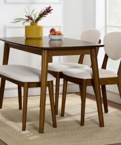 Best Choice Products 4-Piece Mid-Century Modern Wood Dining Kitchen Table & Chair Set w/ 2 Upholstered Chairs, Bench Seat - Walnut/Cream