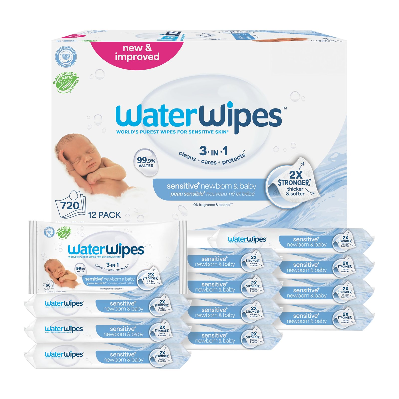 WaterWipes Sensitive+ Newborn & Baby Wipes, 3-In-1 Cleans, Cares, Protects, 99.9% Water, Unscented & Hypoallergenic, 720 Count