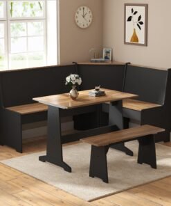 AMERLIFE 3-Piece Breakfast Nook Dining Set, L-Shaped Corner Bench with Hidden Storage, Space-Saving Kitchen Table Set for Small Spaces, Black & Oak