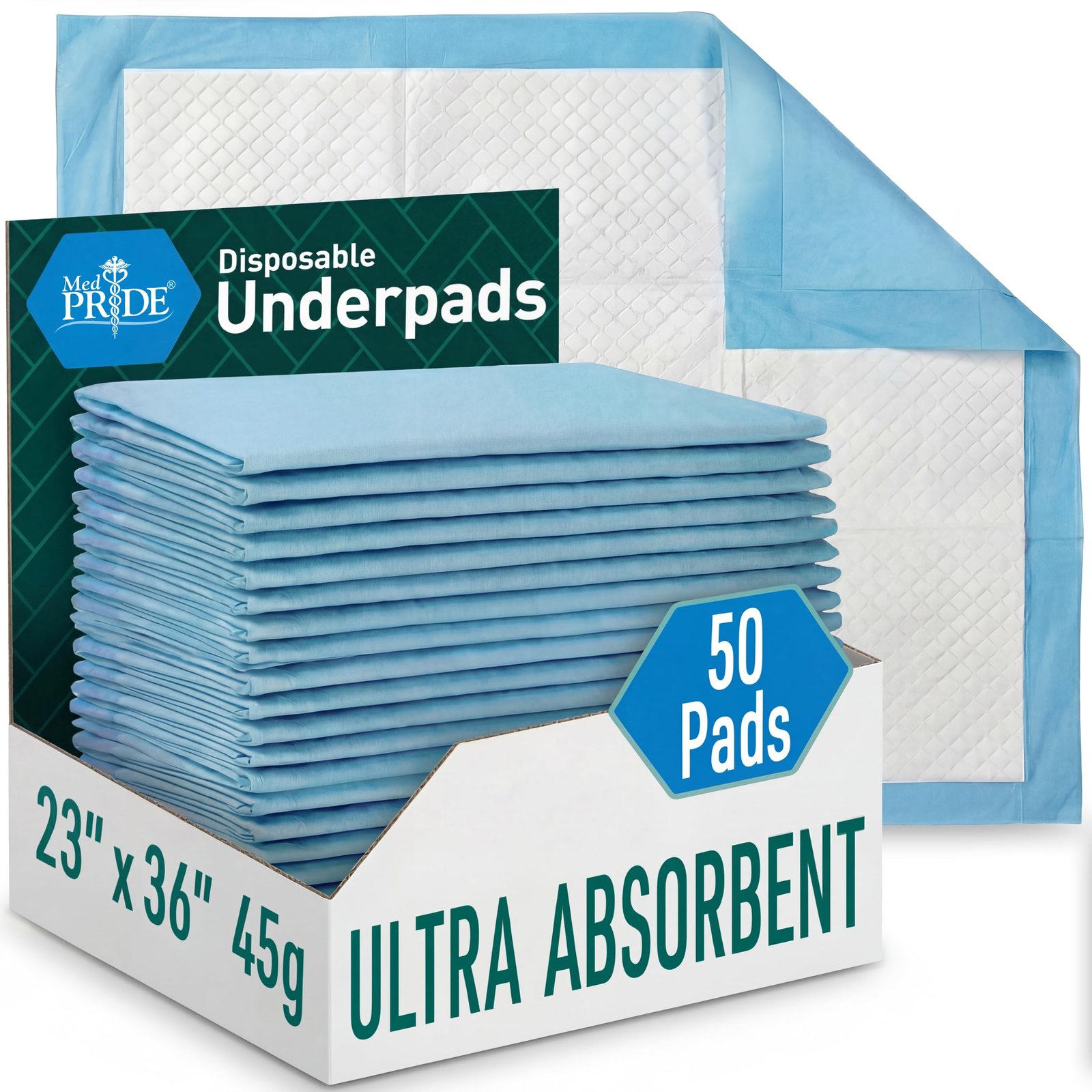 MED PRIDE Disposable Chux Pads 23in X 36in, Super Absorbent Bed Pads for Incontinence, Underpads for Adults, Kids, Pets  Blue/White)