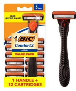 BIC Comfort 3 Men's Refillable 3 Blade Razors, Long-Lasting Shave and Pivoting Head, 1 Handle and 12 Cartridges