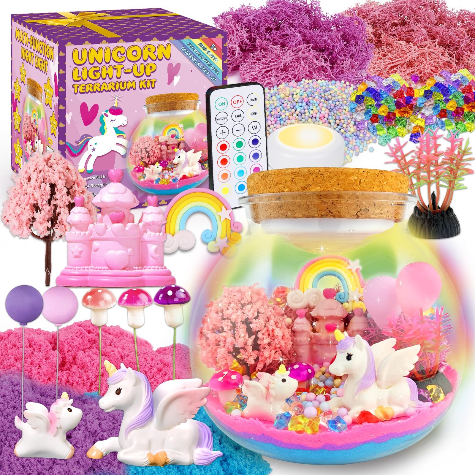 7july Unicorn Terrarium Crafts Kit for Kids-LED Night Light Up & Remote Unicorn Birthday Gifts Toys for Girls Ages5 6 7 8 9 10 Year Old-Christmas G…