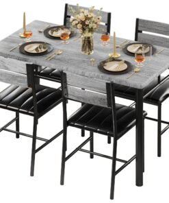 IRONCK Dining Table Set for 4, Wood Kitchen Table with Upholstered Chairs for Kitchen Room and Small Spaces, Grey