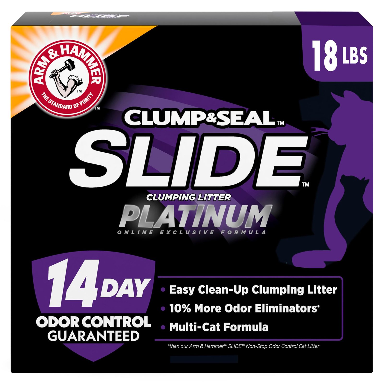 ARM & HAMMER Clump & Seal SLIDE Platinum Multi-Cat Clumping Cat Litter, 14-Day Odor Control, EZ Clean Technology, 18 lbs β No Scrubbing, Powerful O…