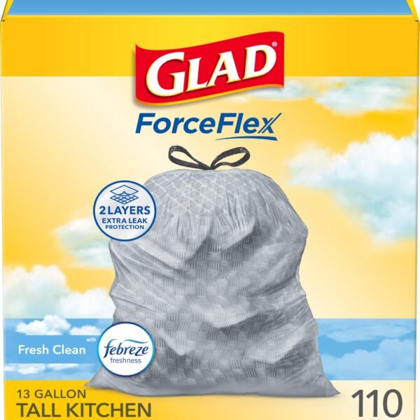 Glad Tall Kitchen Drawstring Trash Bags – Odorshield 13 Gallon White Trash Bag, Febreze Fresh Clean, 110 Count