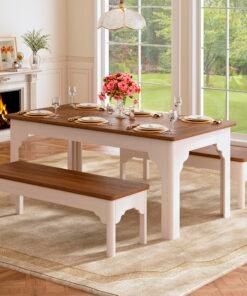 63" Farmhouse Dining Table Set for 4-6, Kitchen Table with 2 Benches, Space Saving 3-Piece Rectangle Wooden Dinette Table Set for Dining Room, Brea...