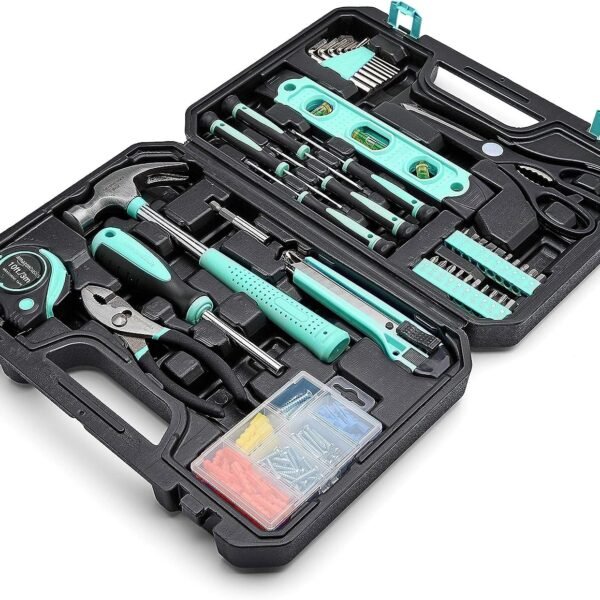 Amazon Basics 142-Piece Household Tool Kit for Home Repair, Hand Tools with Storage Case, 13.39 x 9.25 x 2.95 inch, Turquoise