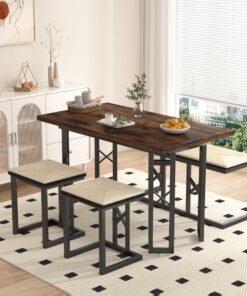 VECELO 43.3" Kitchen & Dining Table Set for 4, Rustic Farmhouse Style with 3 Benches and Wicker Cushions, Compact Metal Frame with Adjustable Foot ...