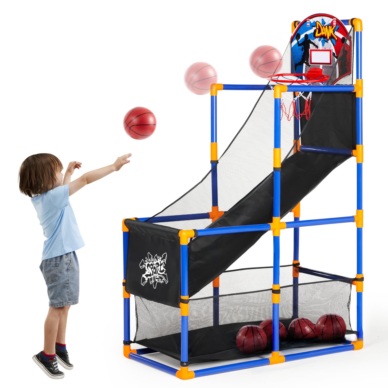 JOYIN Arcade Basketball Game Set with 4 Balls and Hoop for Kids 3 to 12 Years Old Indoor Outdoor Sport Play – Easy Set Up – Air Pump Included – Ide…