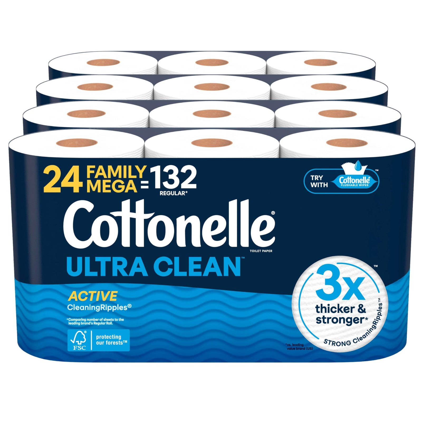 Cottonelle Ultra Clean Toilet Paper with Active CleaningRipples Texture, Strong Bath Tissue, 24 Family Mega Rolls = 132 Regular Rolls