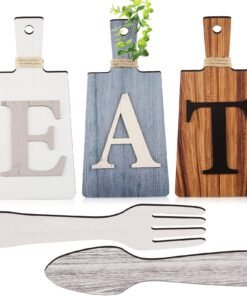 Jetec Cutting Board Eat Sign Set Hanging Art Kitchen Eat Sign Fork and Spoon Wall Decor Rustic Primitive Country Farmhouse Kitchen Decor for Home D...