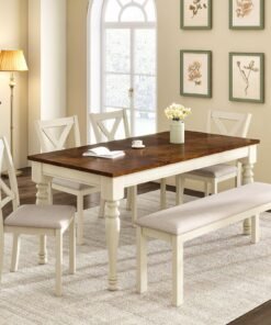 6-Piece Solid Wood Dining Table Set, 71" Farmhouse Kitchen Table with 4 Upholstered Chairs and Bench, Large Dining Room & Kitchen Furniture Set, Cr...