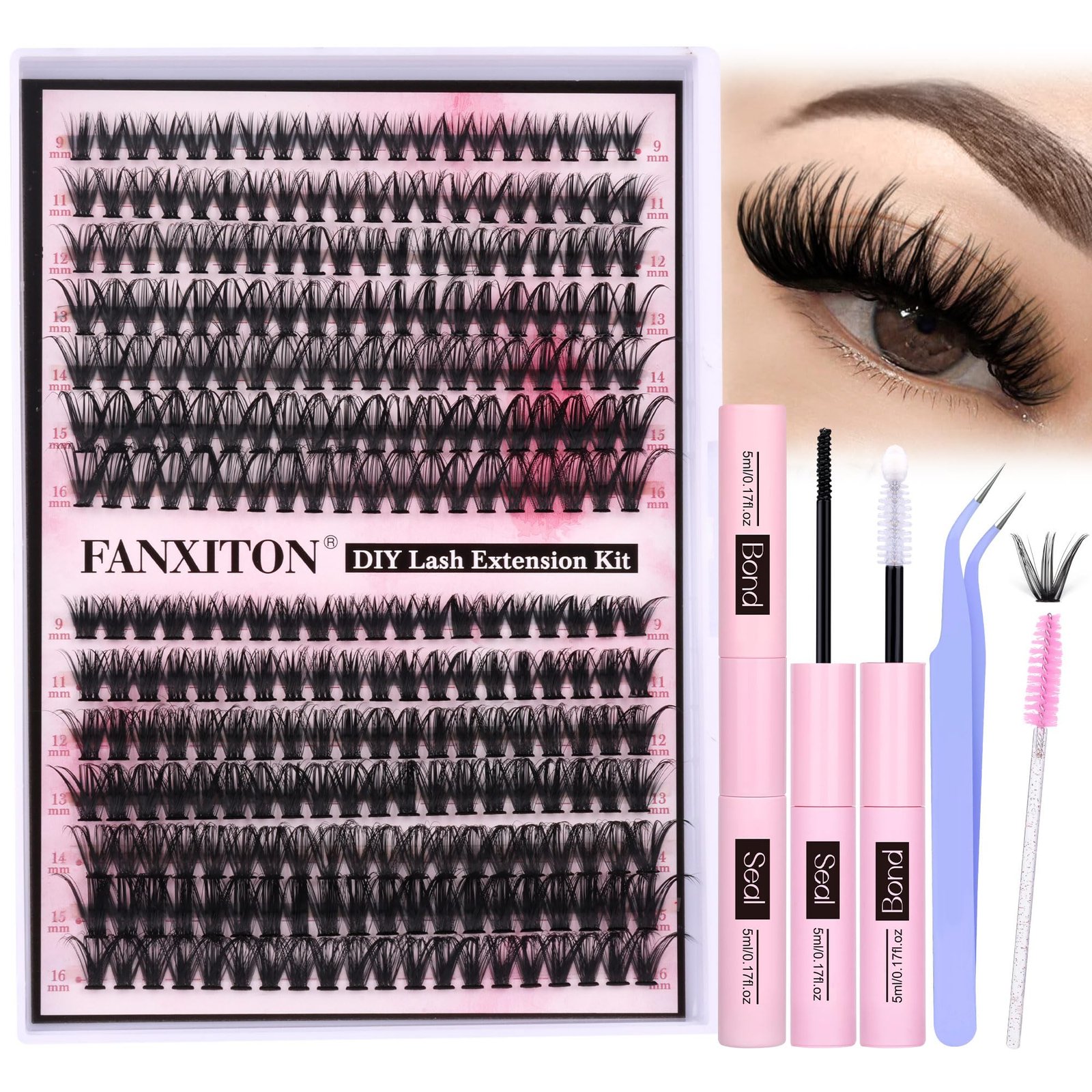 FANXITON DIY Individual Eyelash Extension Kit, Thick Volume Lash Clusters 40D+50D D Curvature, 280 Pieces Thin Band Cluster Lashes with Bond and Se…